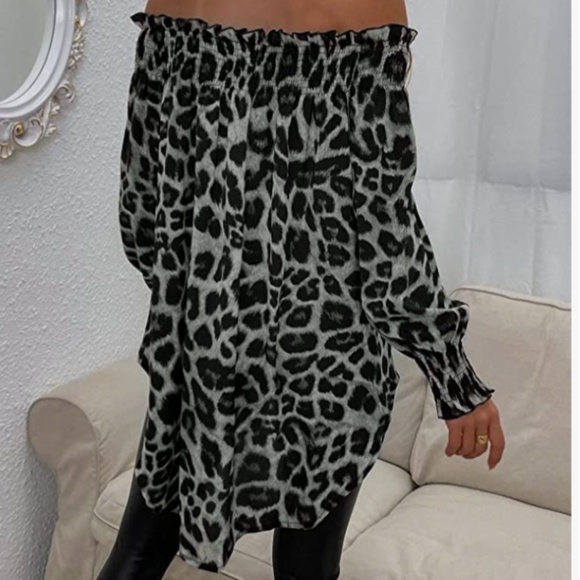 Women’s Leopard Print Off shoulder Hi Lo Tunic Blouse in gray combo size lg - Picture 2 of 6